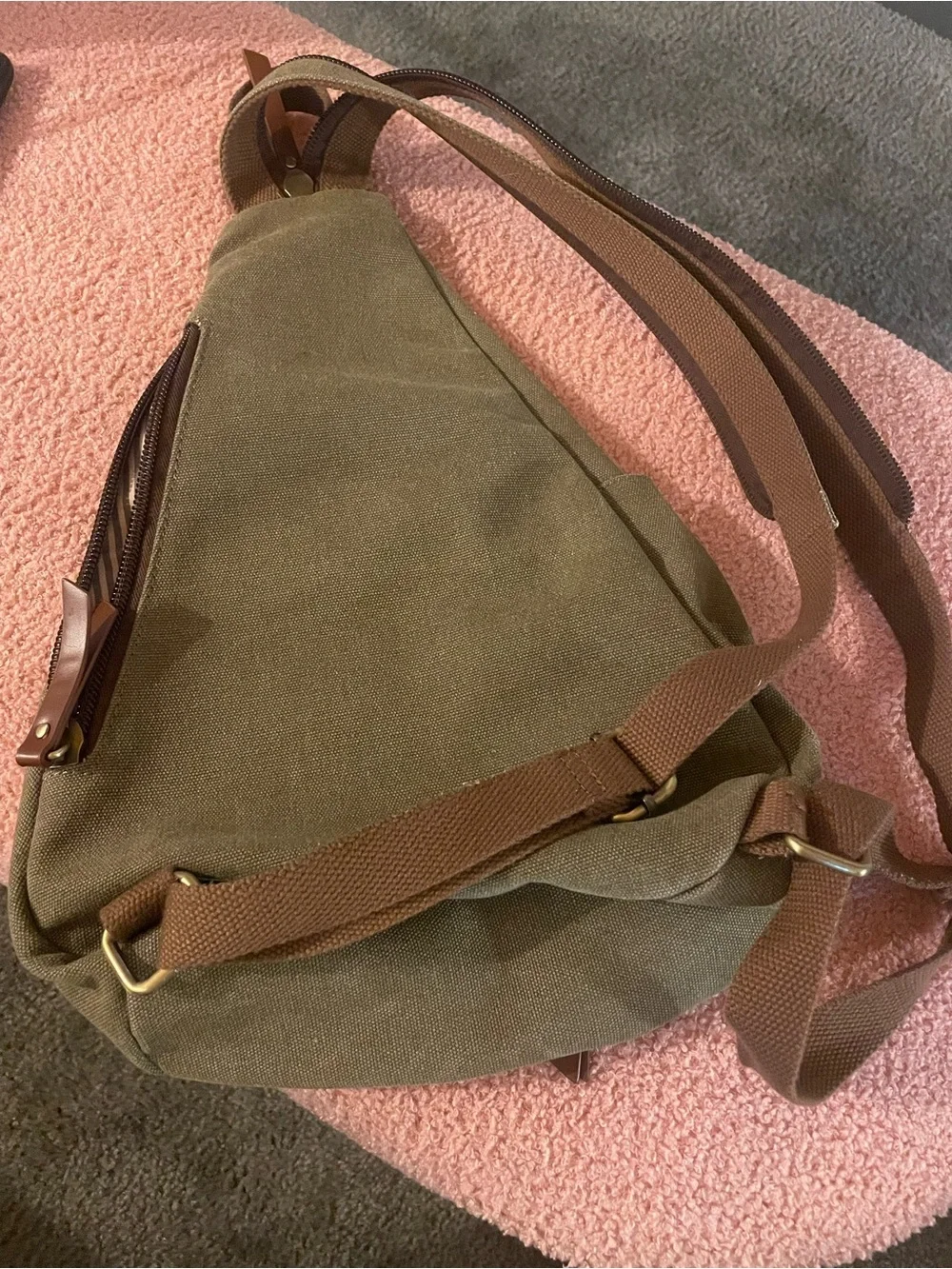 Antik Kraft Olive Canvas Sling Backpack with Brown Accents